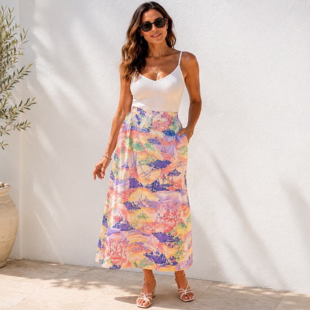 Vintage Bushwacker Coastal Grandma Scenic Midi Maxi Skirt Size 12